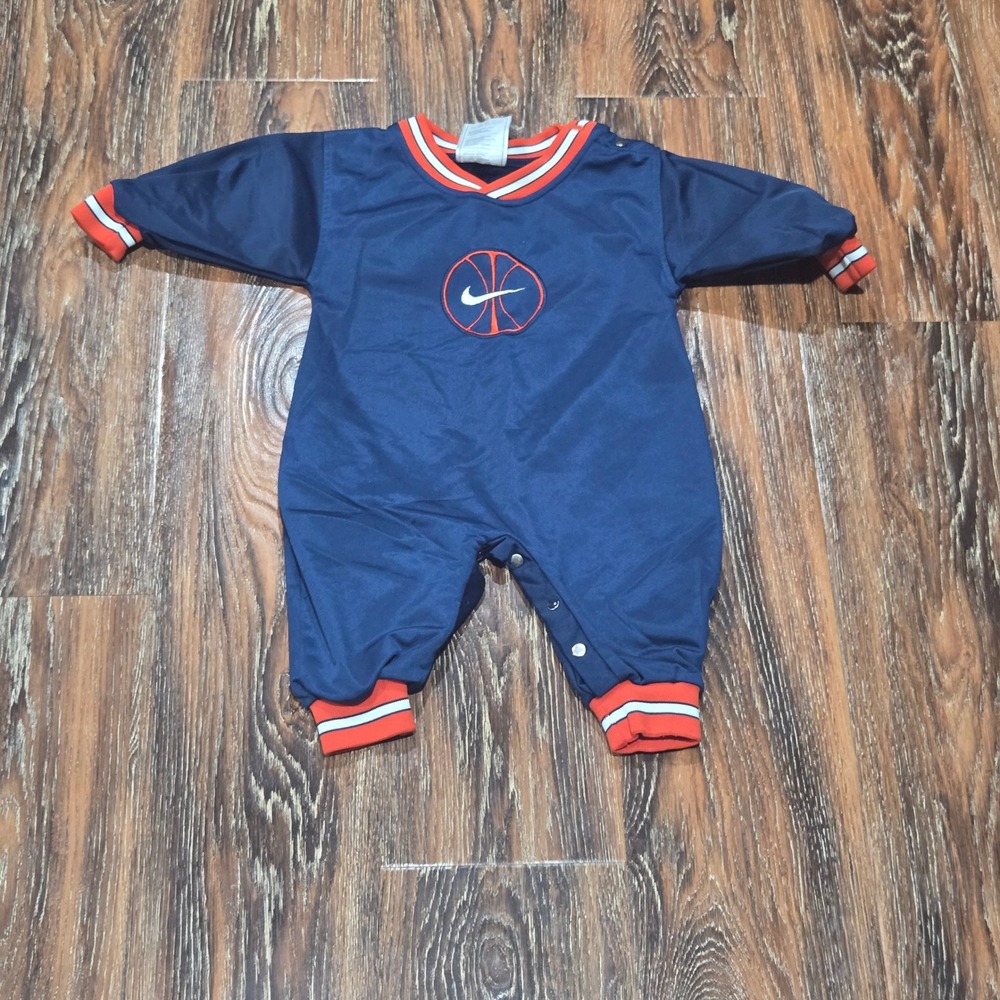 VTG Nike 12M Romper Kids Navy Blue Orange Basketball Embroidered Vintage Snap Up